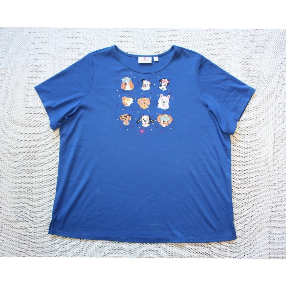 Quacker Factory Posh Pets Short Sleeves T Shirt Size 2X Dogs Print Blue Top